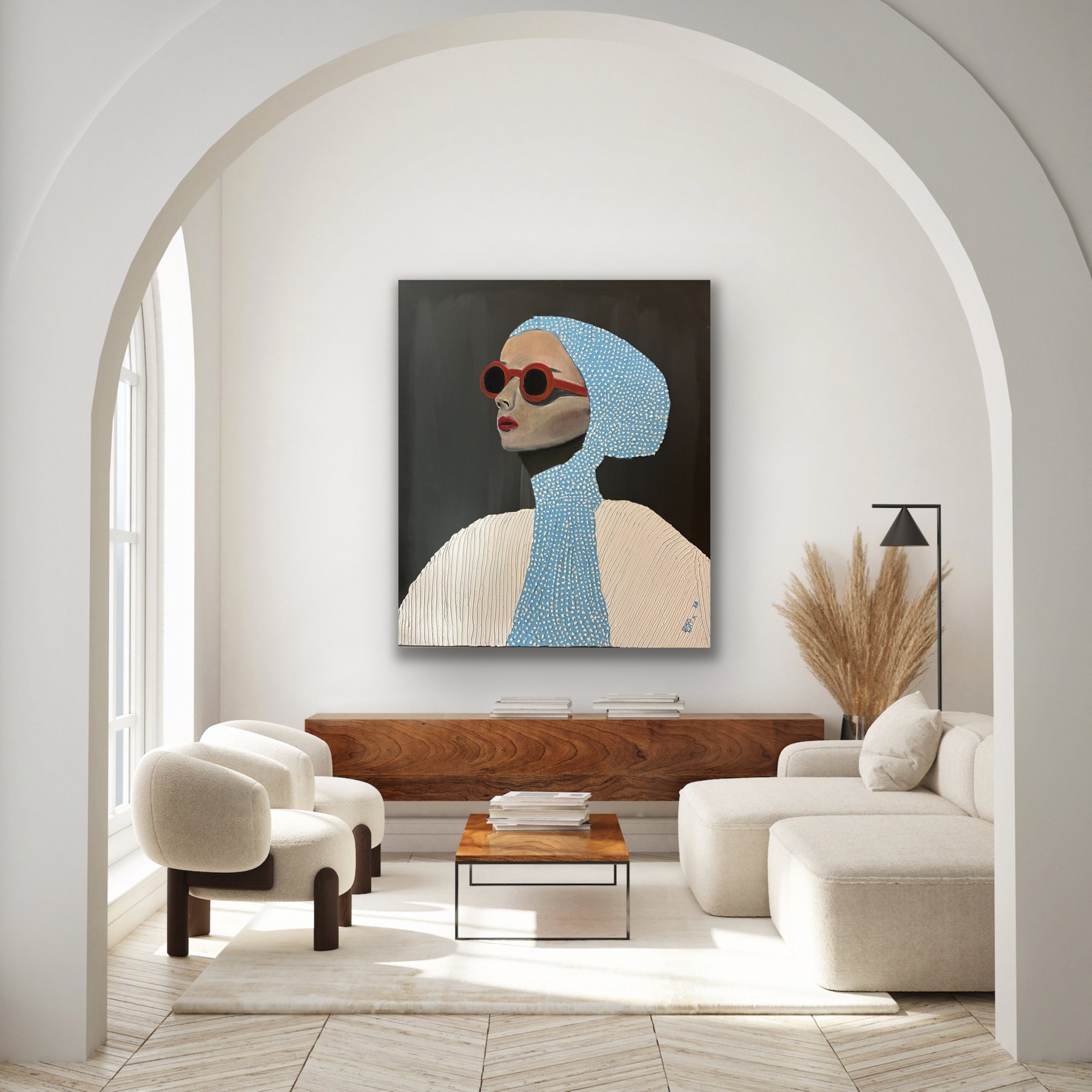 Vivian white walls arch brown credenza.jpeg