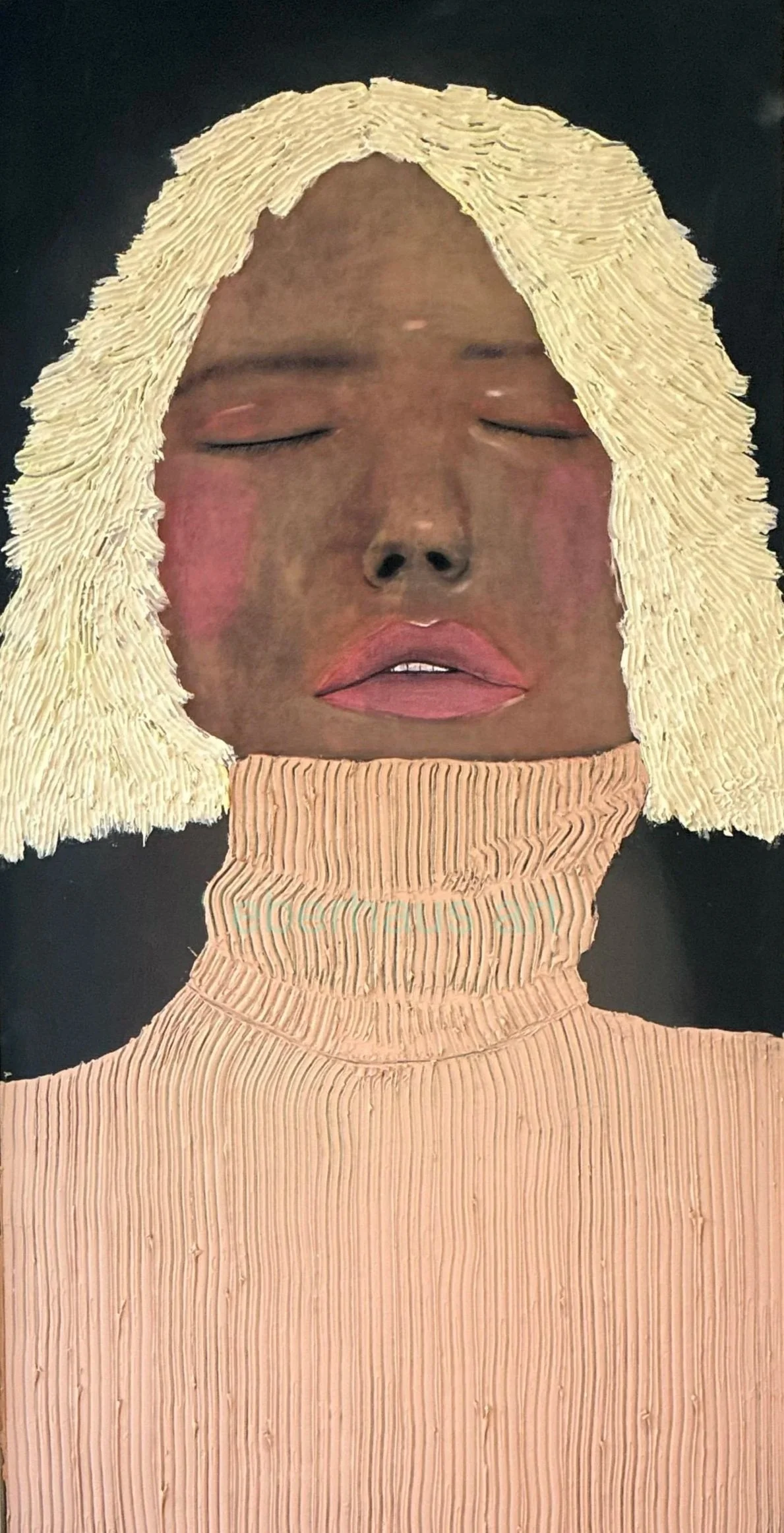 A mixed media artwork of a woman's face with closed eyes, textured blonde hair, and a high neck beige shirt, with a black background.