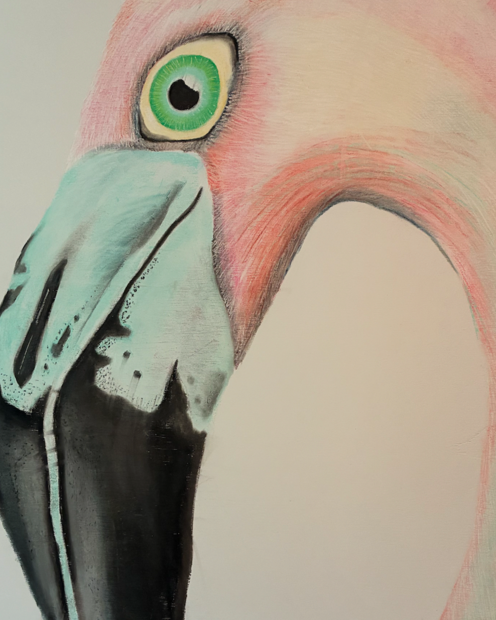 Close-up of a colorful drawing of a flamingo's face, showing a bright green eye, a long beak, and pink feathers.