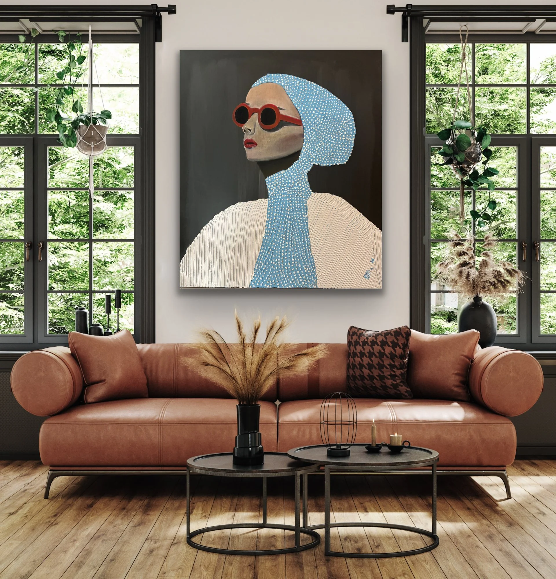 Vivian between windows brown couch.jpg