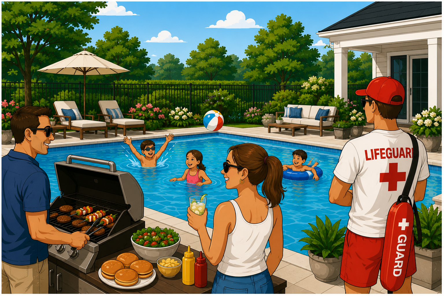 Children swimming safely during backyard pool party with lifeguard supervision in Essex County