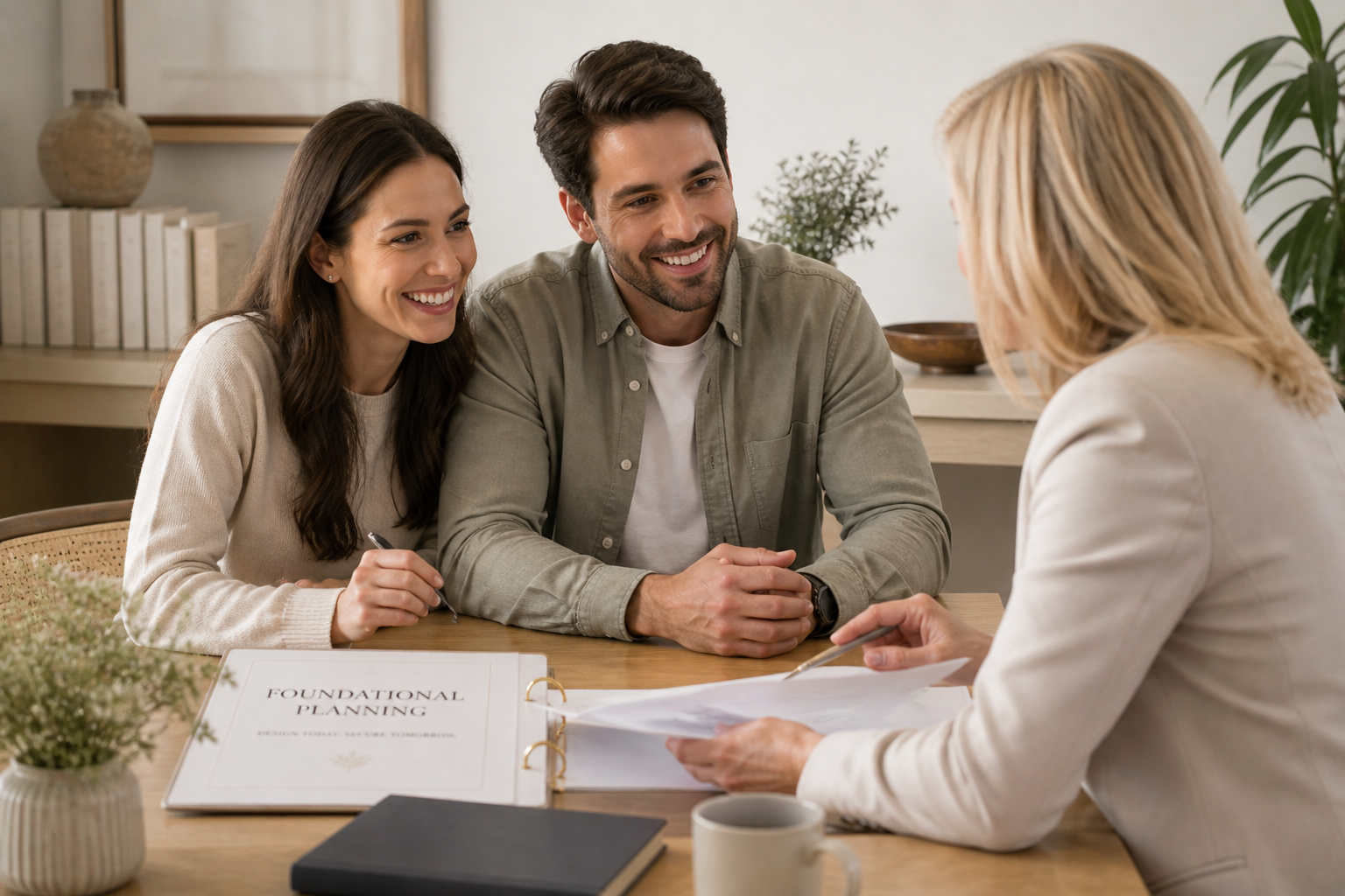 A couple sitting at a table across from a woman, during a consultation about foundational planning, with documents and a copy of a book titled 'Foundational Planning' on the table.