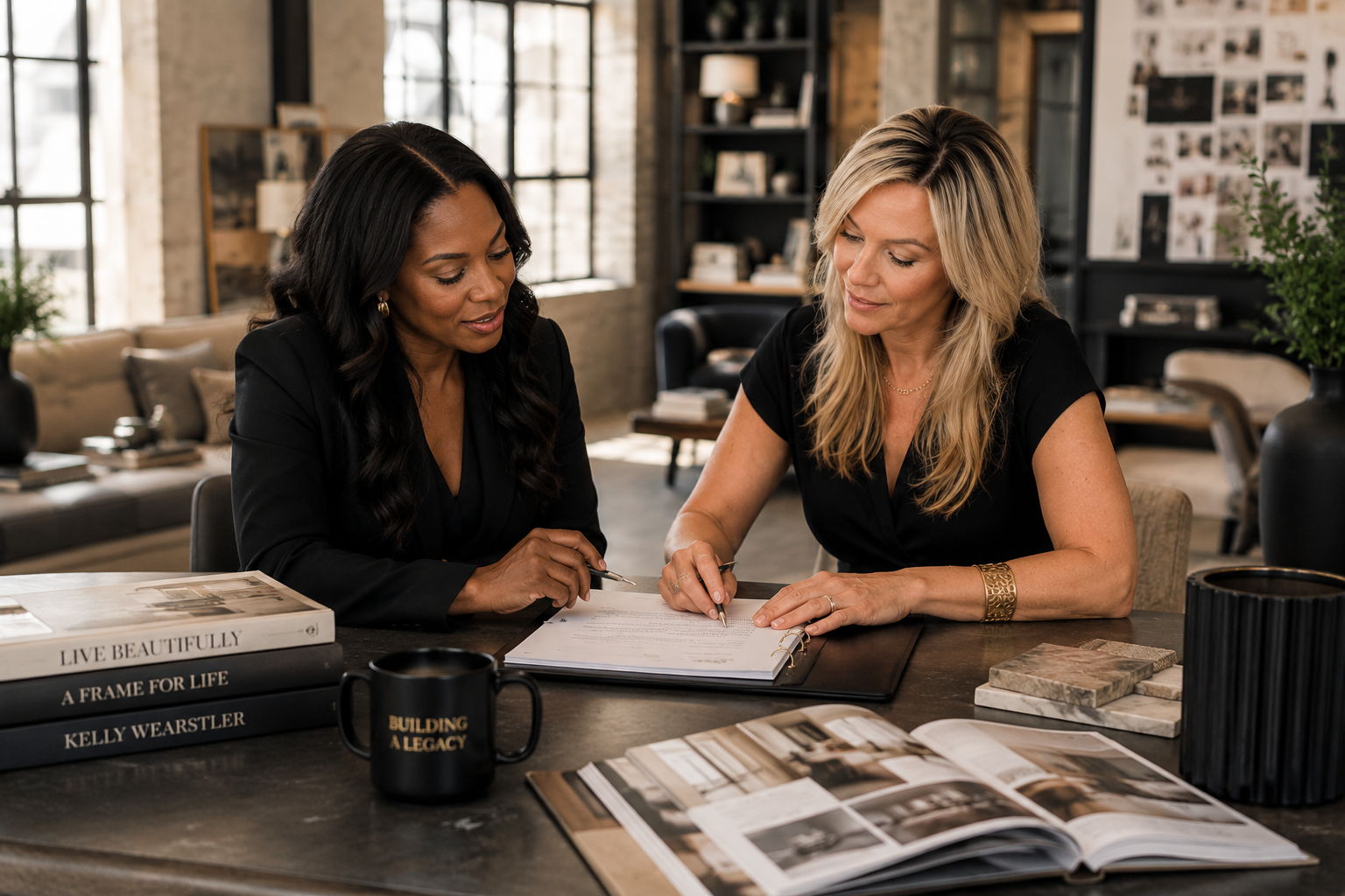 Two women seated at a table in a modern office, reviewing documents together, with books, magazines, and office decor visible in the background.