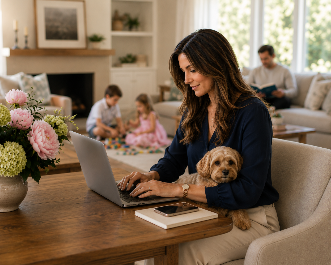 A woman sitting at a wooden table with a laptop and a dog on her lap, with a family in the background in a bright living room.