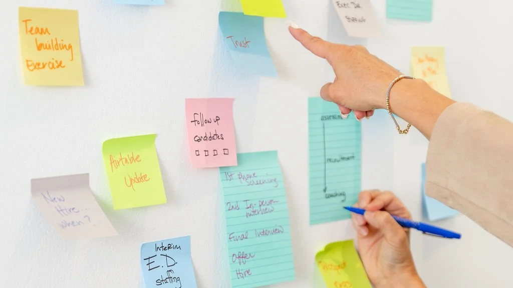 2 hands pointing at stickynotes on a wall