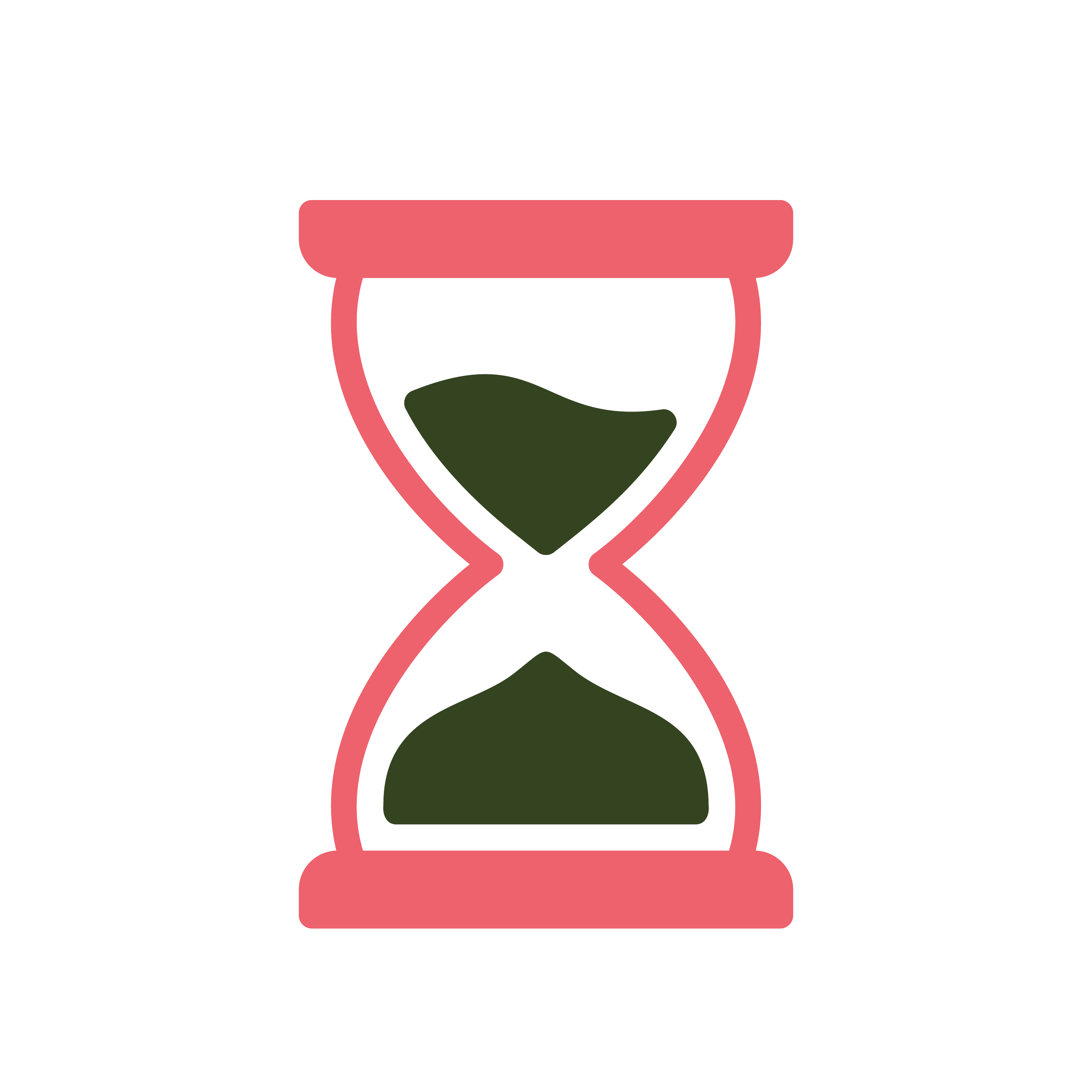 Hourglass icon in a coral and dark green color