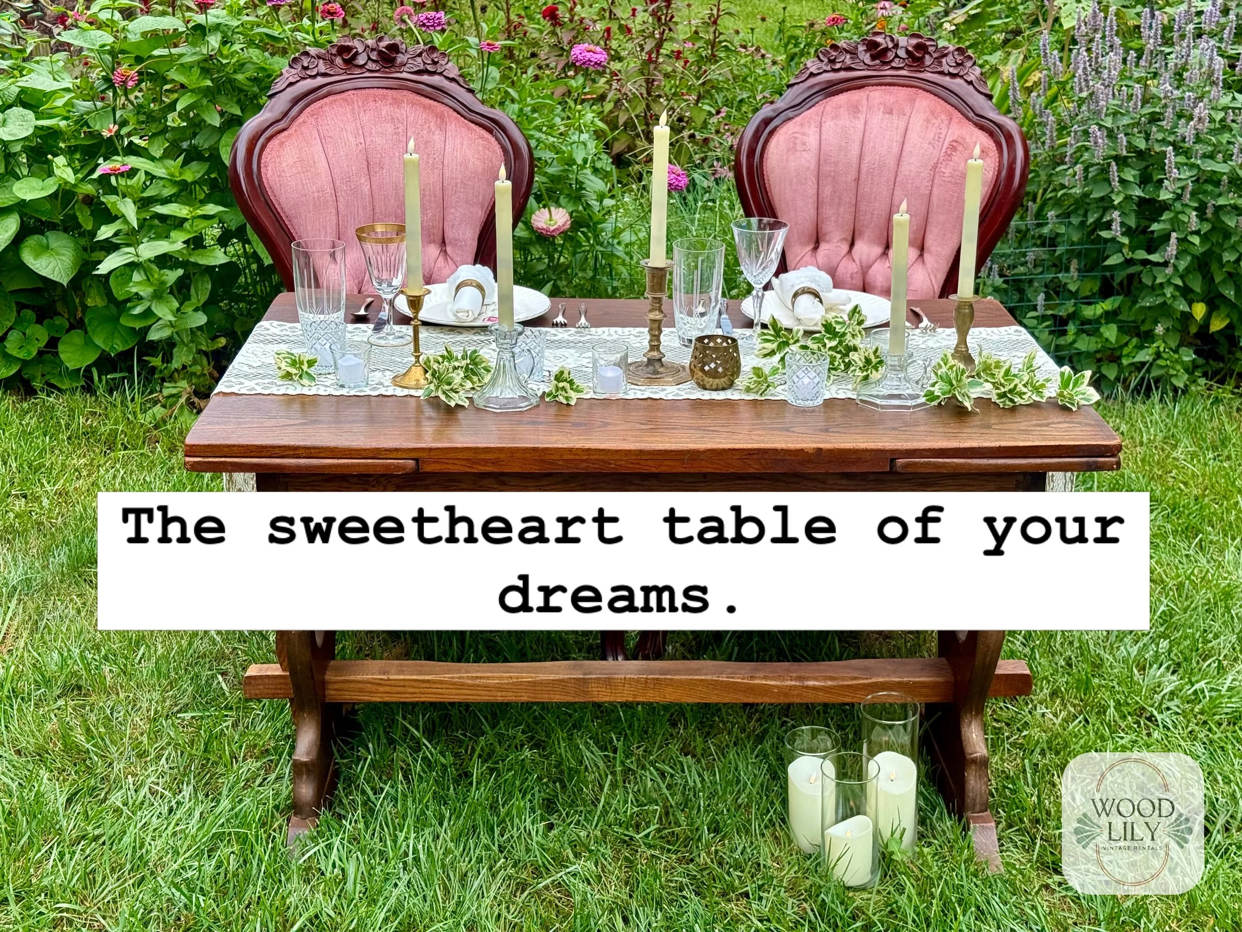 The sweetheart table of your dreams. Vintage China. Crystal. Silver plate. Brass. Every piece available to rent together. Antique trestle table expands 48 to 72 inches. Sustainable. Beautiful. One of a kind. Wood Lily vintage rentals. Western North C