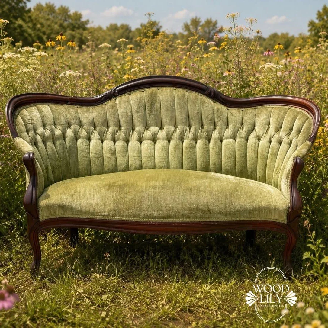 Meet our sage green vintage settee. 

Perfect for a sweetheart seating area, a cocktail hour lounge, or a bridal portrait backdrop.

Browse our full furniture collection at woodlilyevents.com.

#AshevilleWeddings #WNCWeddings #VintageRentals #WoodLil