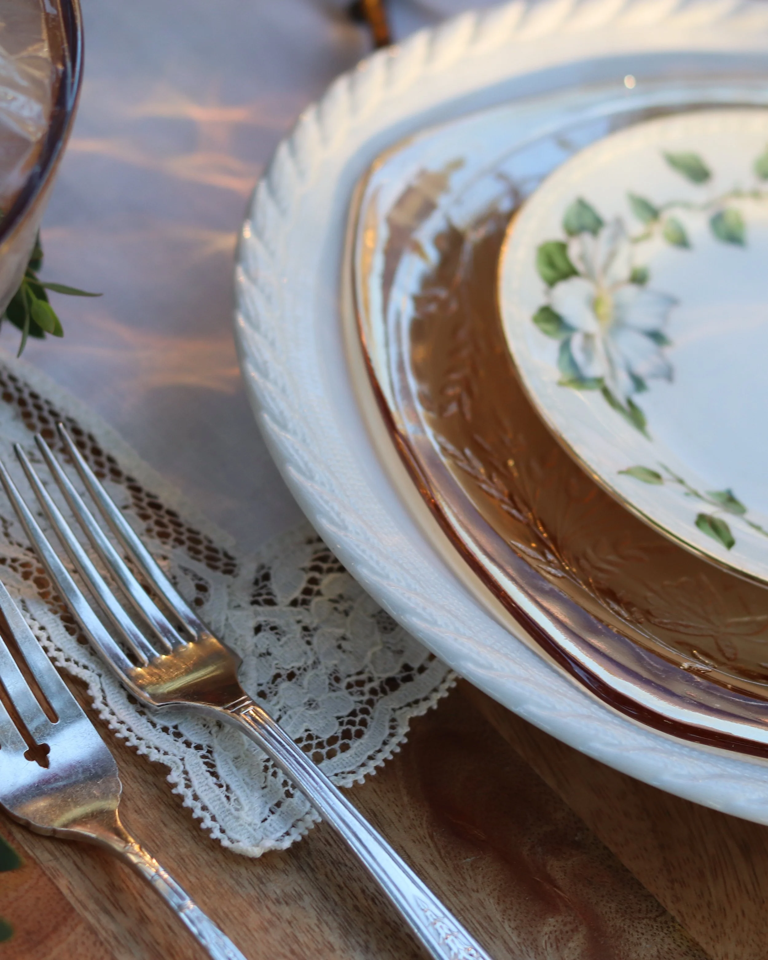 One of the unexpected perks of owning a vintage rental company: dinner at home has gotten considerably prettier.

I threw together homemade marinara over pasta, a salad and two loaves of my sourdough, and we sat down on the back deck just in time for