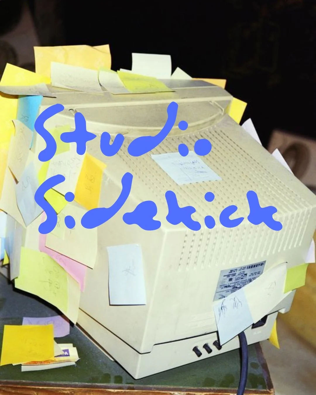 A computer with many sticky notes attached to it, with the words 'Studs: 5% Good' written in blue marker across the front.