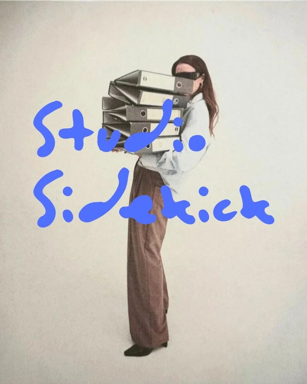 A woman holding a stack of gray binders, wearing a white shirt and brown pants, standing against a plain background with blue handwritten text overlay.
