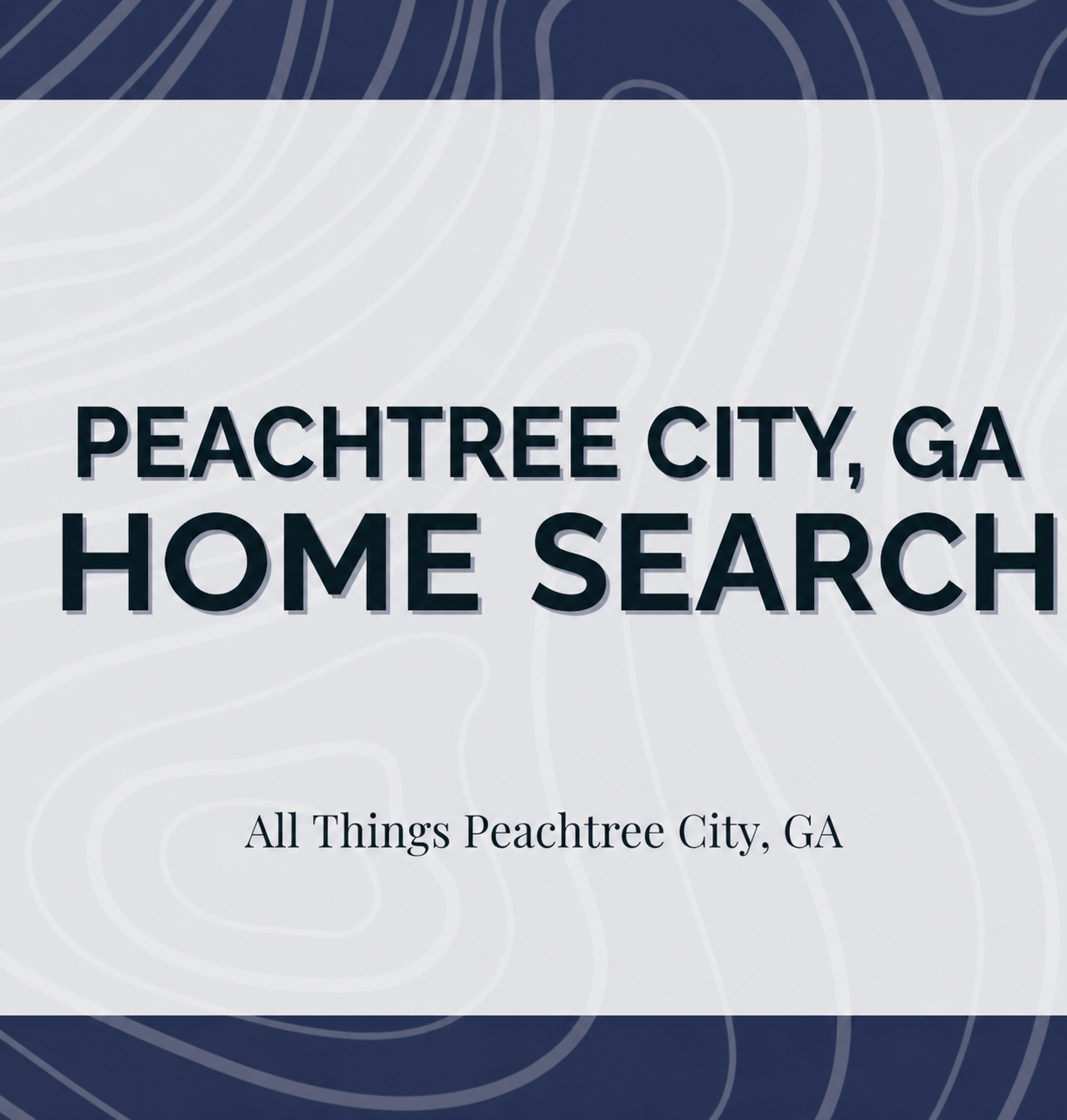 Title slide for Peachtree City, GA home search, featuring a background with topographic lines and text indicating a real estate service.