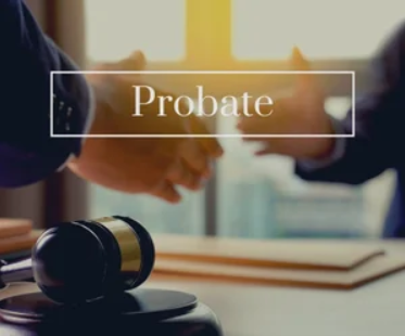 Two people shaking hands in a professional setting with a gavel in the foreground and the word "Probate" overlaid.