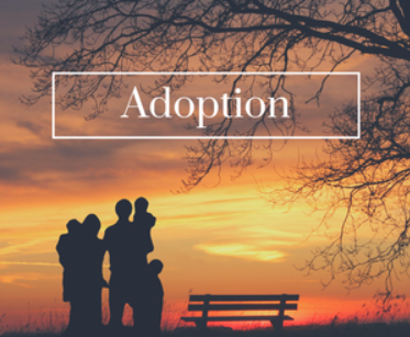 Silhouettes of a family with two children against a sunset sky with trees and a bench.