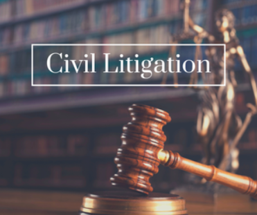 Close-up of a wooden gavel resting on a sound block with a blurred background of court or legal building. Overlay text says 'Civil Litigation'.