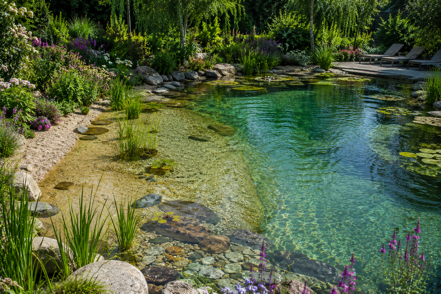 QG PLANT | Executamos projetos de Piscina natural rodeada por plantas e flores coloridas, bem como executamos a própria piscina biológica.