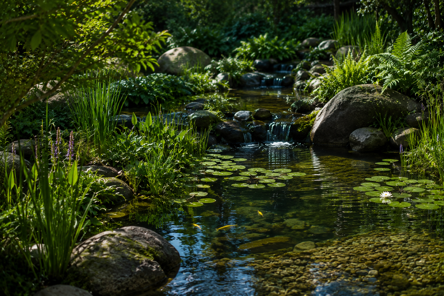 Córrego com pedras, plantas verdes e lírios de água em um ambiente natural.