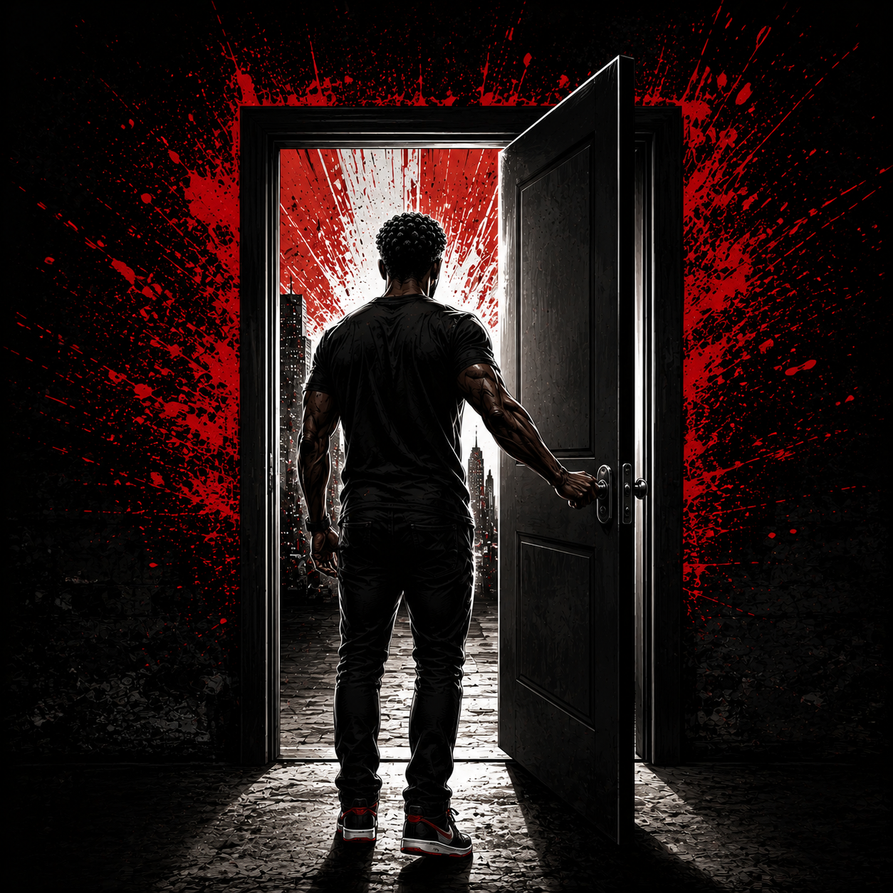 A silhouette of a man standing at an open door, looking out over a cityscape with tall buildings and a red splattered background.