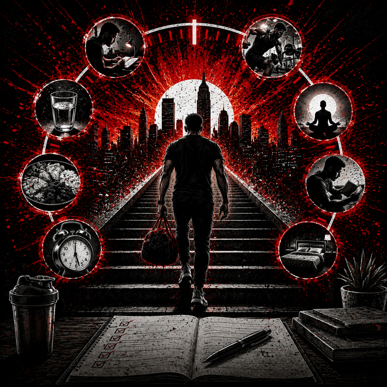 A silhouette of a man walking up city stairs carrying a bag, with a city skyline in the background, surrounded by icons representing various aspects of life including water, food, sleep, exercise, meditation, reading, and time management.