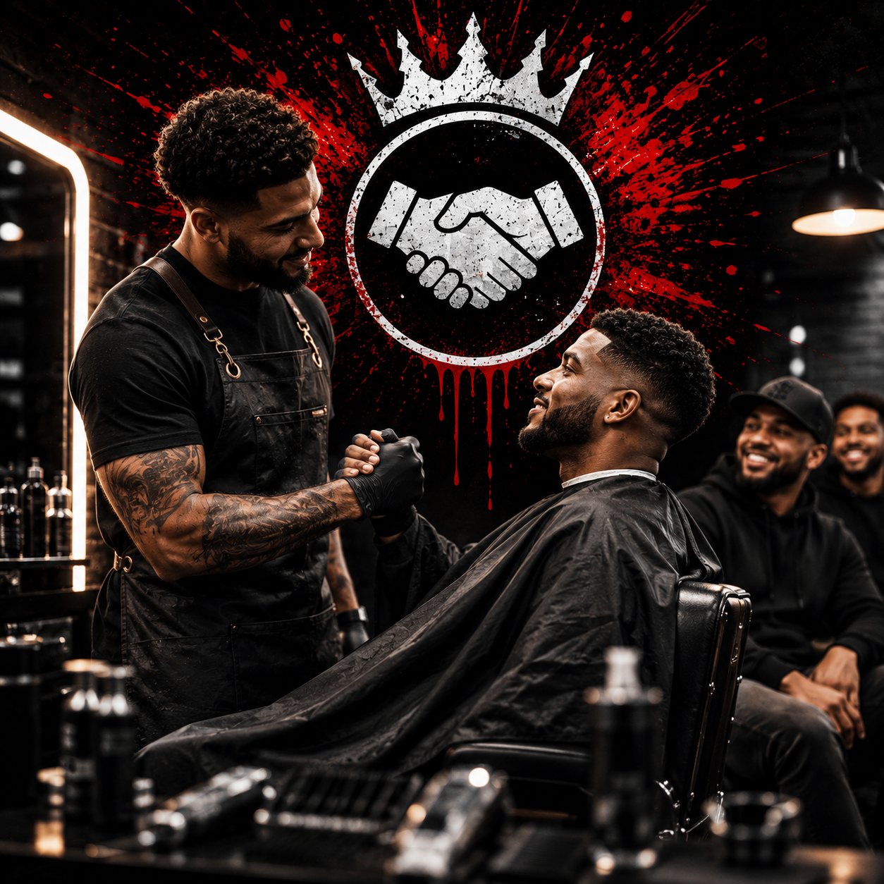 A man with a tattooed arm and black apron is smiling and shaking hands with another man seated in a barber chair inside a barbershop. The seated man is also smiling with a beard and short curly hair, wearing a black barber cape. There are two other men in the background sitting and smiling. The background features a large, graphic handshake symbol with a crown above it, splattered with red and black paint, giving the scene an edgy, modern feel.