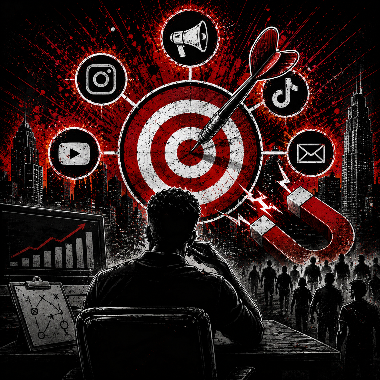 A person sitting at a desk looking at a large urban skyline with a red and black background, with social media icons, marketing symbols, a target, a magnet, and a lightning bolt radiating from the target, symbolizing digital marketing and social media strategy.