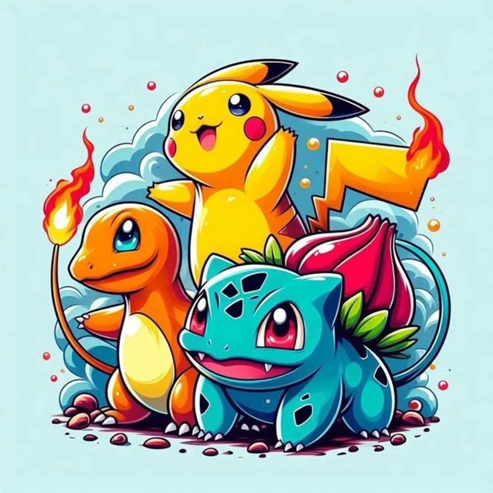 Colorful cartoon illustration of Pikachu, Charmander, Bulbasaur, and Squirtle surrounded by clouds and flames, in a vibrant, playful style.