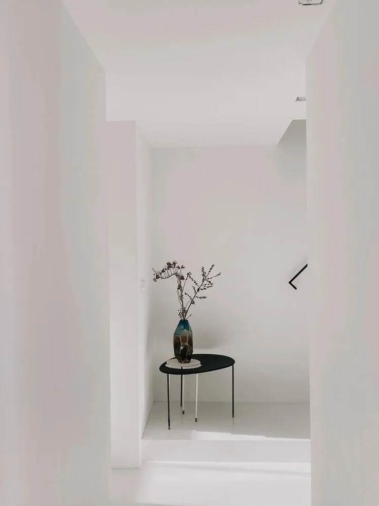 Minimalistisch interieurdetail met een zwarte bijzettafel, kleurrijke vaas en droogbloemen.
