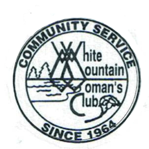 Seal of the Community Service Hite Mountain Oman’s Club, established in 1964, featuring a mountain, trees, a lake, a tent with crossed sticks, and a fish.