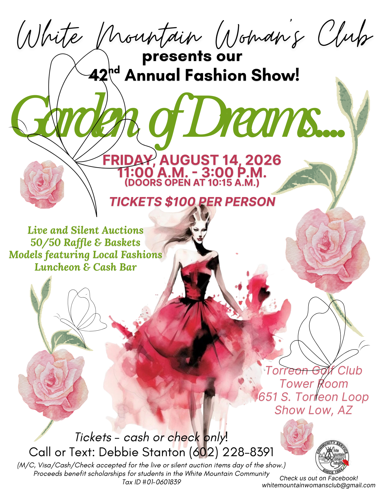 Flyer for the White Mountain Woman's Club 42nd Annual Fashion Show called 'Garden of Dreams' on August 14, 2026, with details about event time, location, tickets, and activities, featuring floral artwork and a fashion illustration.