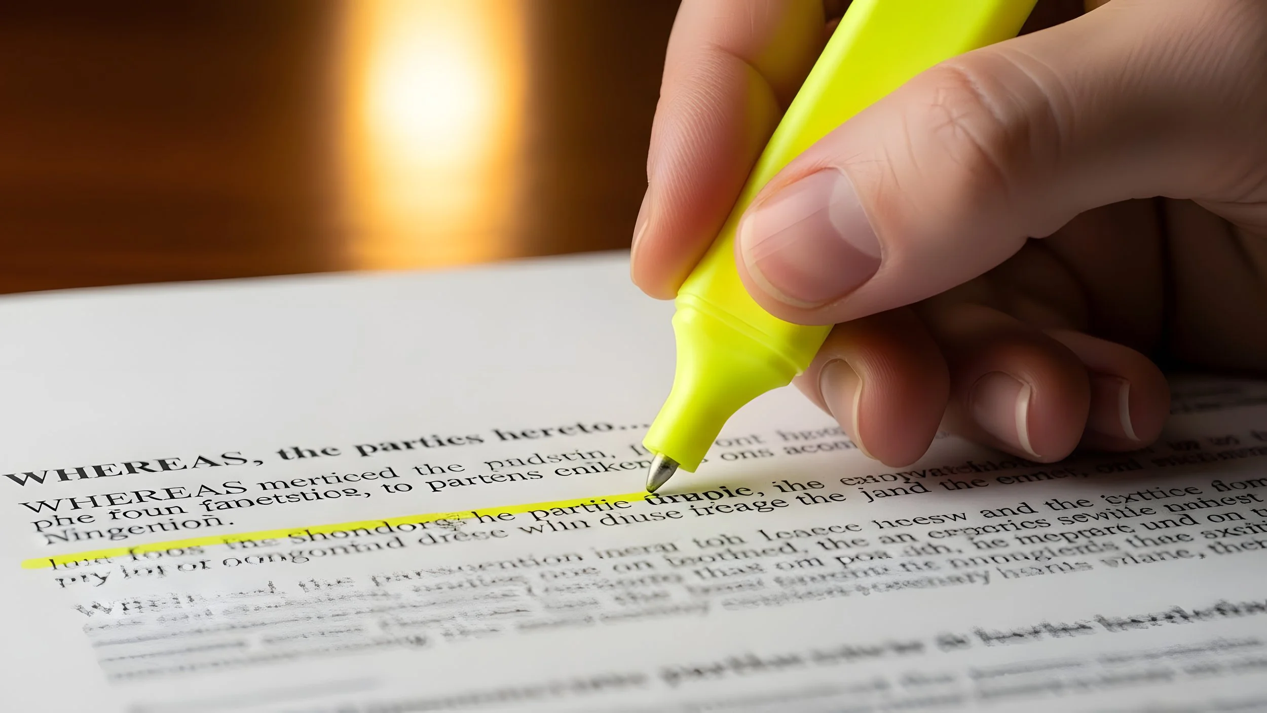Close-up of a hand holding a yellow highlighting marker, highlighting the phrase 'partie grande' in a printed document.