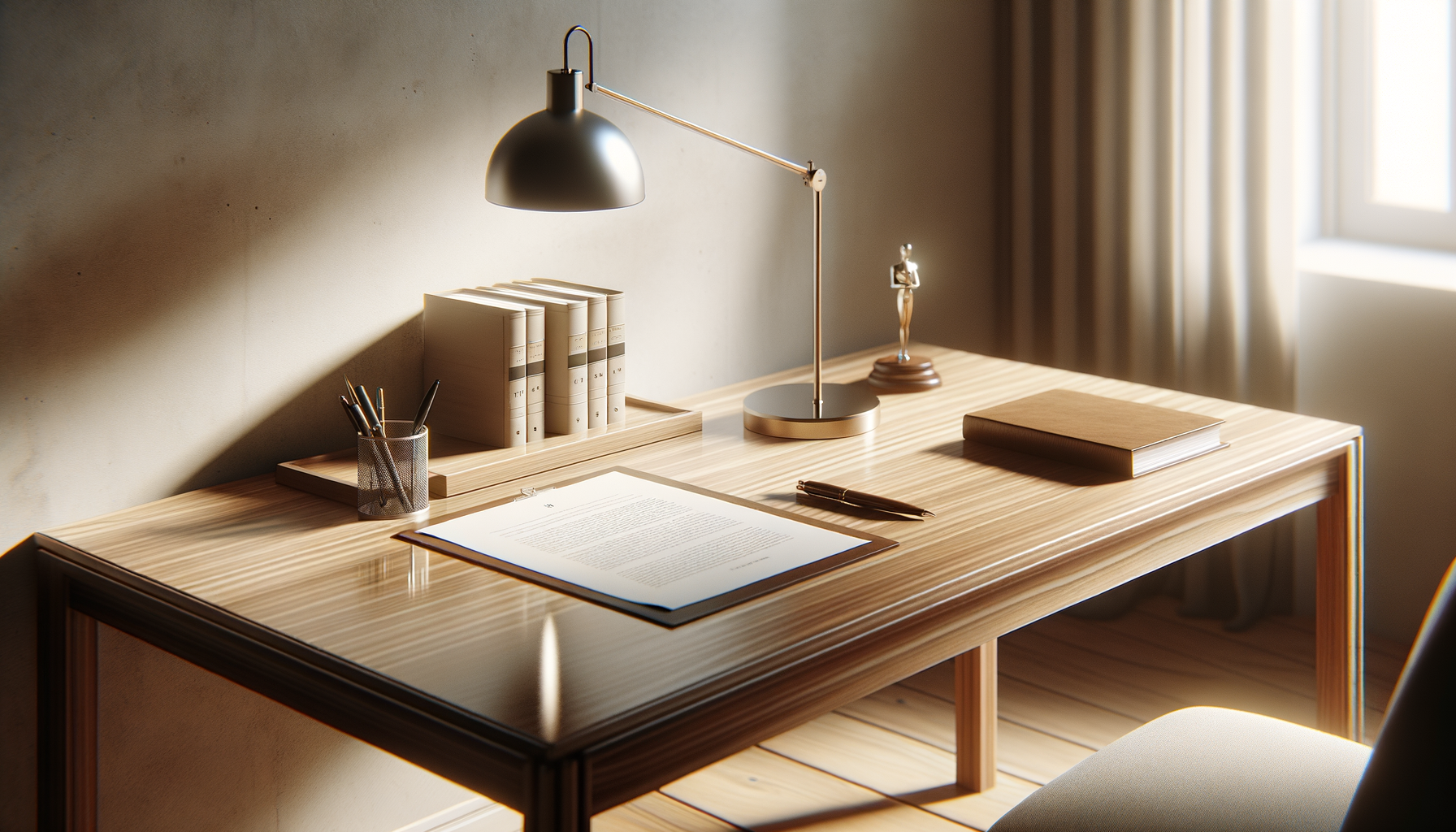 A wooden desk with a metallic desk lamp, a pen holder with pens, a set of binders, a book, a document with a pen, and a small statue, near a window with curtains.