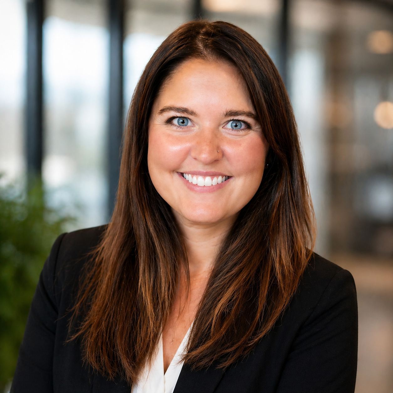 A woman with long brown hair, blue eyes, and a bright smile, wearing a black blazer and white shirt, in an indoor setting with blurred background.