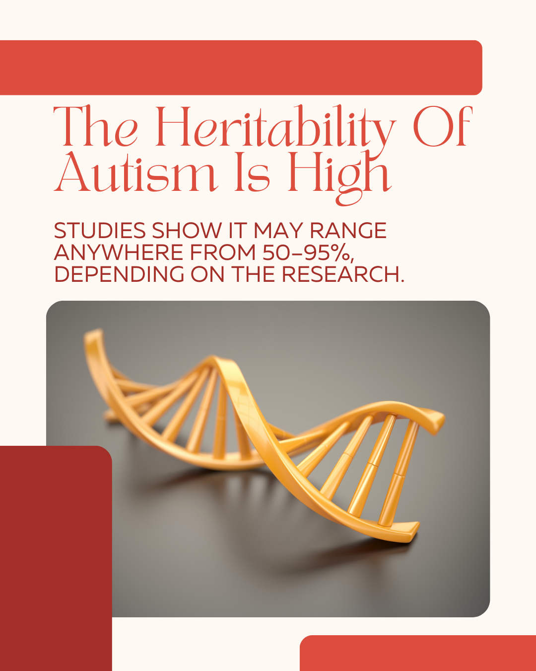 The heritability of autism is high—studies show it may range anywhere from 50–95%, depending on the research.