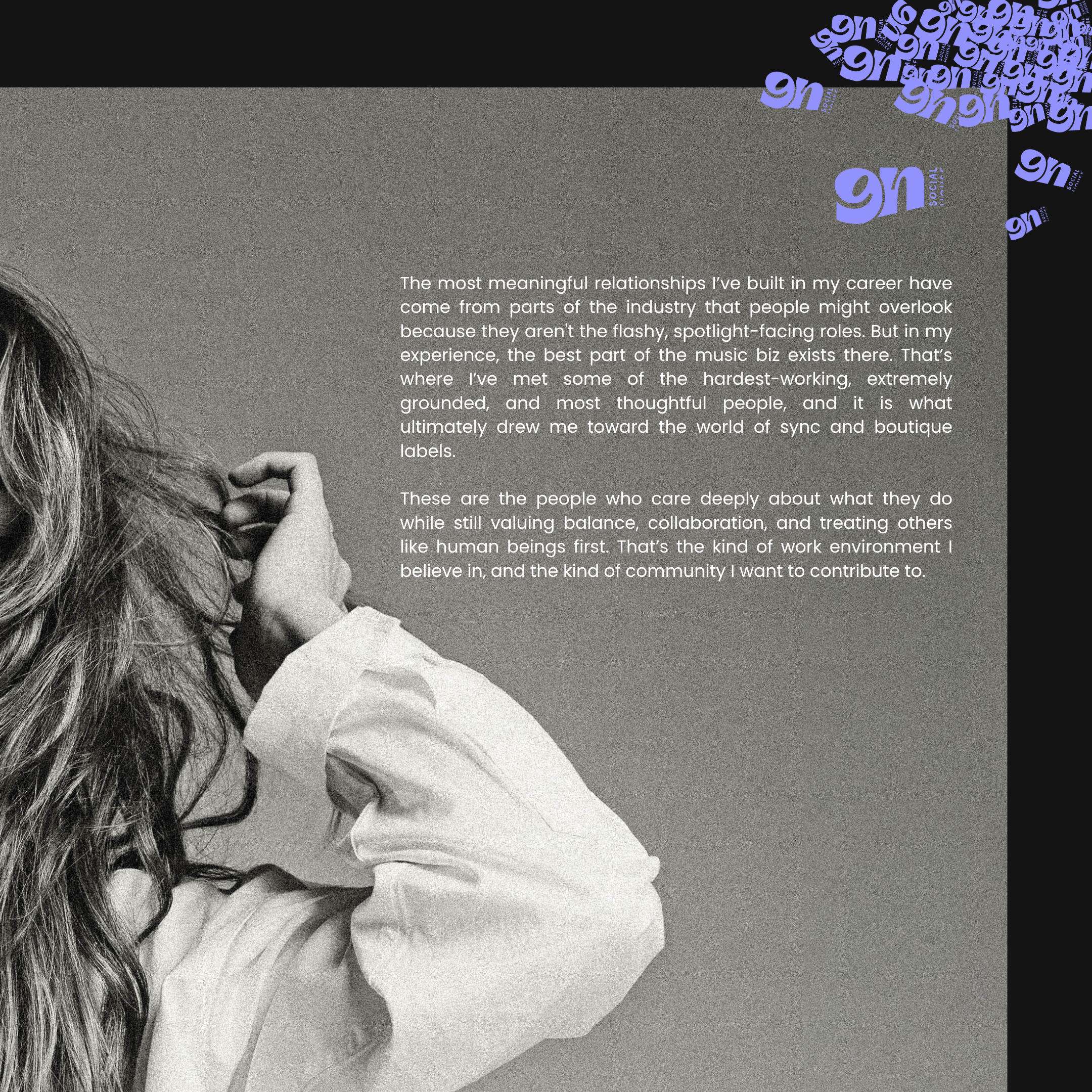 Black and white photograph of a woman with long, wavy hair, wearing a trendy light-colored top, her hand resting near her temple, in front of a textured background with a graphic design element containing the logo the 'GN Social House.'