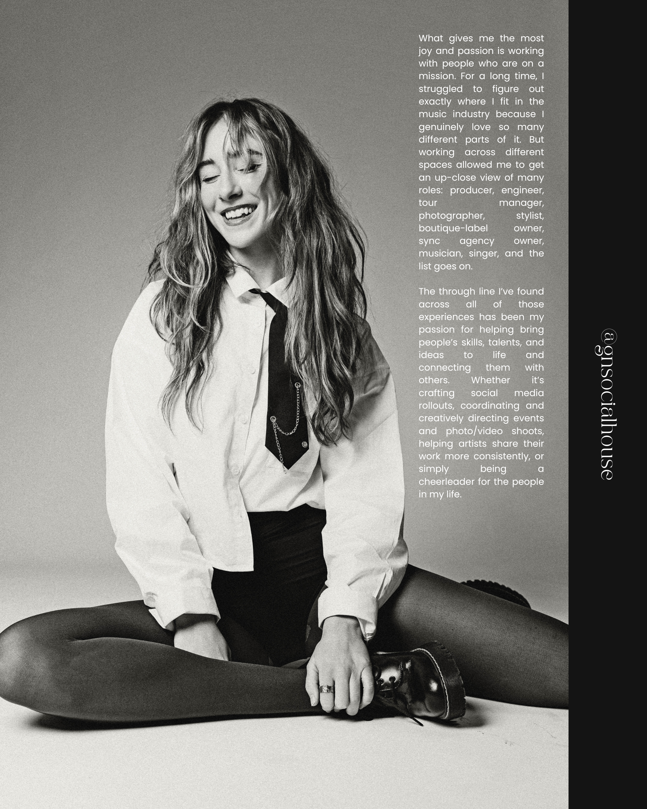 Black and white photo of a smiling woman with long hair, aka Gabby Neeley, wearing a white shirt, black tie, black pants, and black shoes, sitting cross-legged on the floor with her eyes closed. Photograph shot by Stellan Ford.