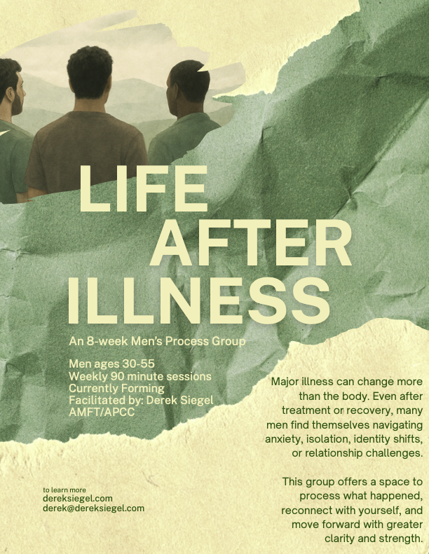 Poster for 'Life After Illness' men's process group, featuring three men looking at a scenic landscape, with torn green and yellow paper background and informational text about the group.