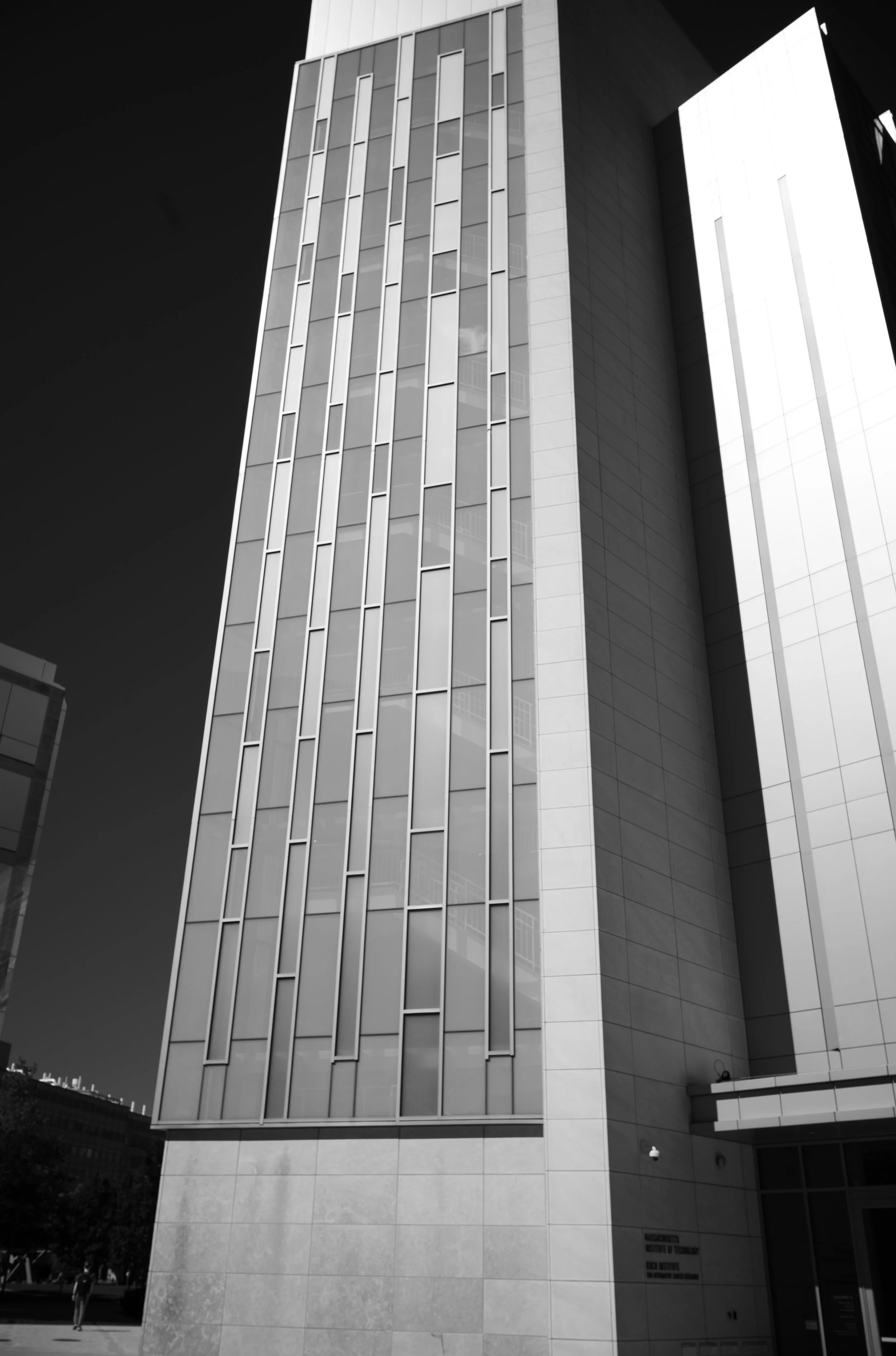 A tall geometric facade rises between dark architectural columns.