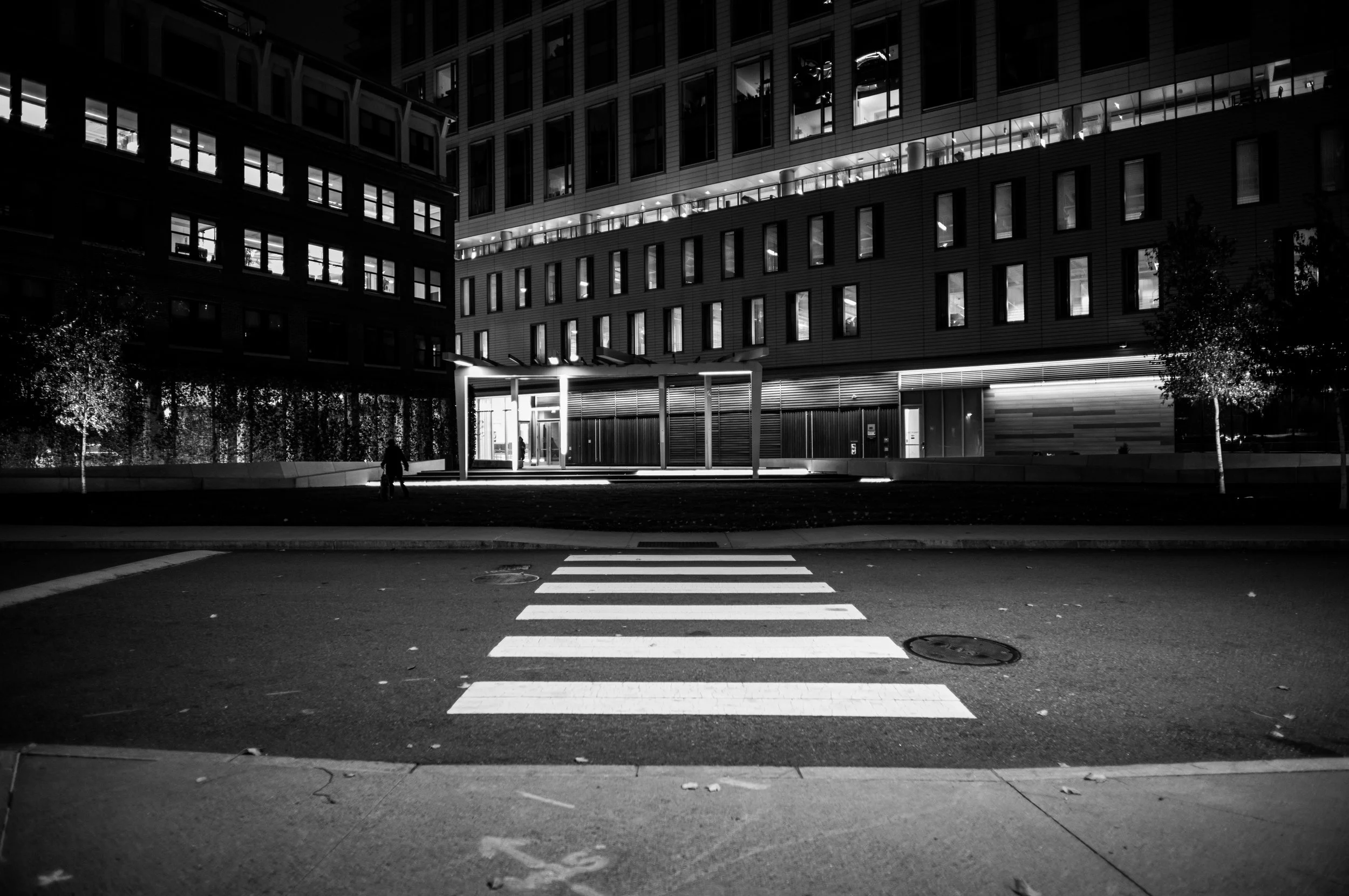 A zebra crossing leads toward illuminated buildings on an empty city street at night.