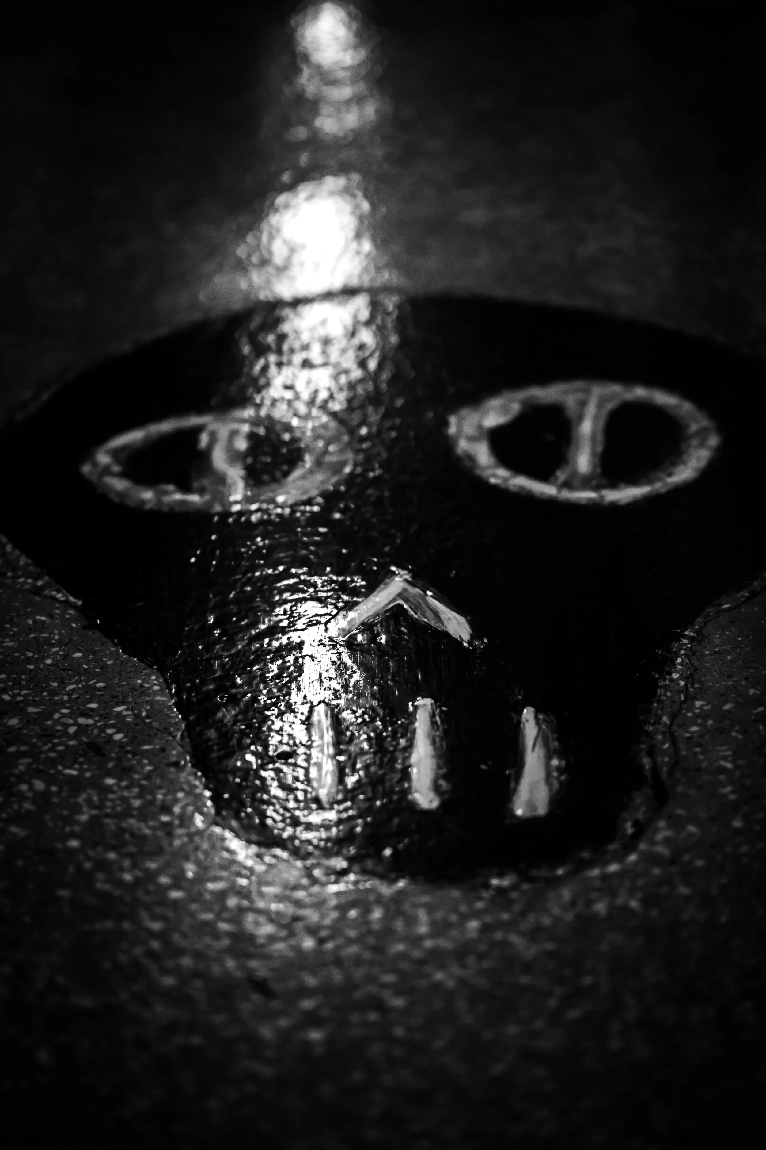 A close view of a dark metal fire hydrant catches a narrow highlight.