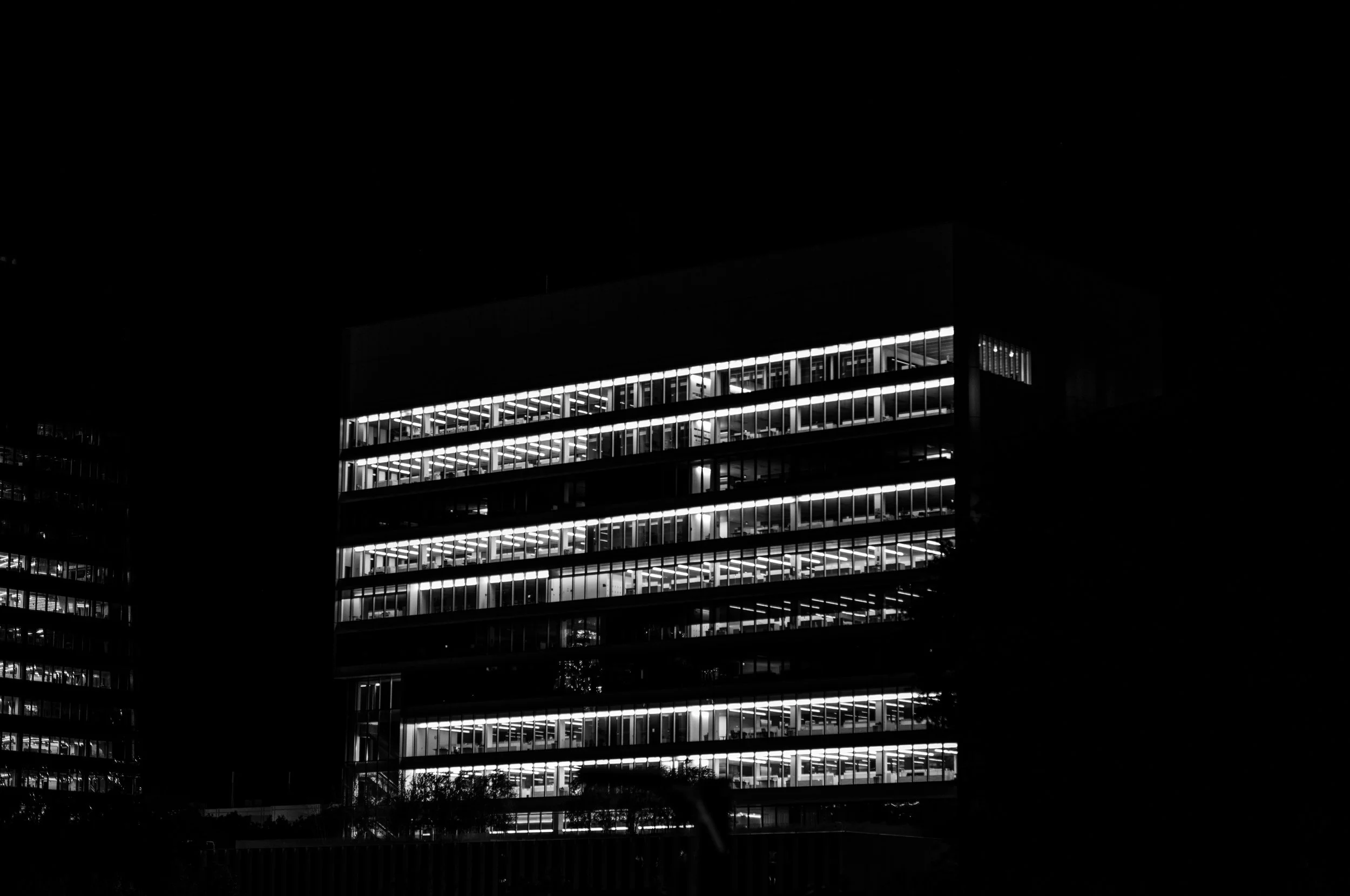 Horizontal bands of illuminated windows emerge from the night.