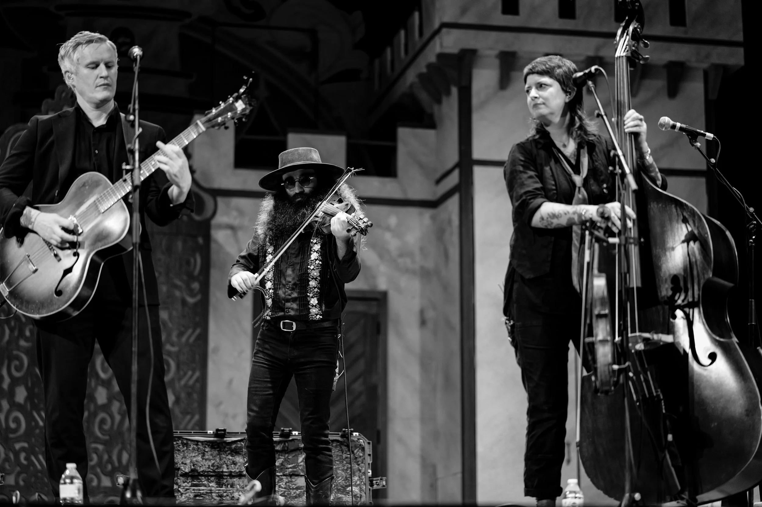A guitarist, violinist and upright bassist perform together in a black-and-white concert photograph.