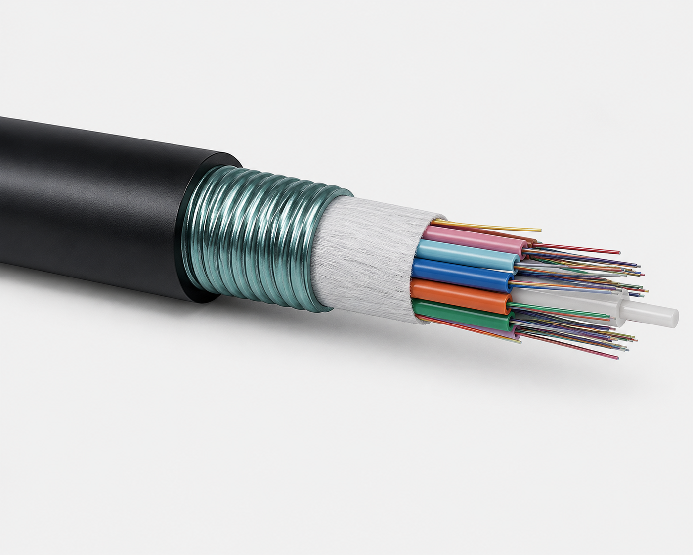 Cross-section of a fiber optic cable showing multiple colorful optical fibers inside a black outer protective jacket.