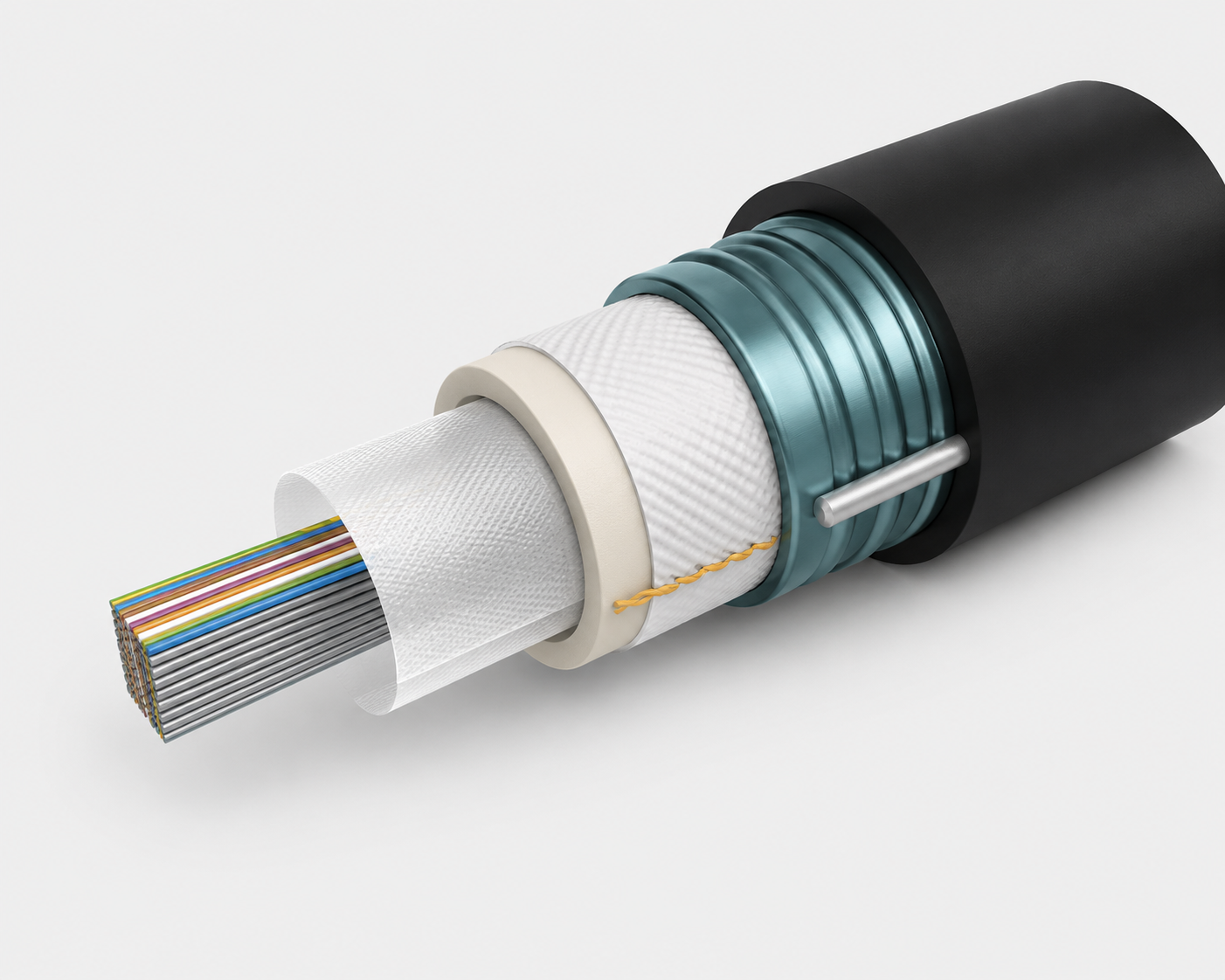 Close-up of a cutaway fiber optic cable showing multiple colored fiber strands inside.
