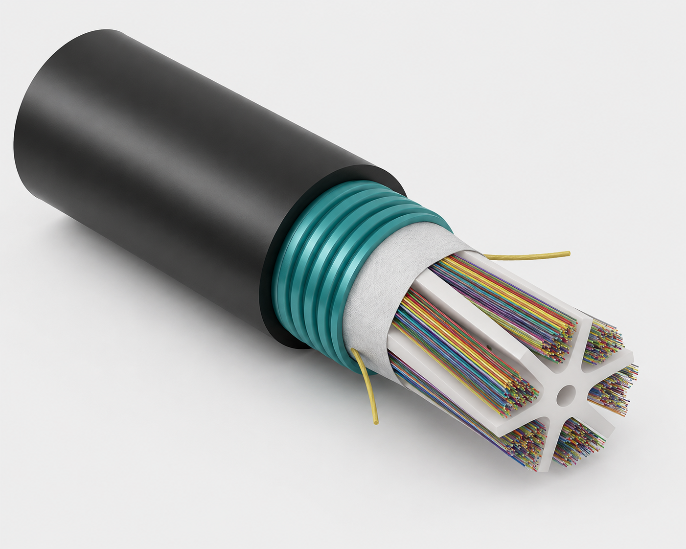 A cross-section of a fiber optic cable showing multiple colorful optical fibers inside a white protective sheath, with a black outer jacket and teal reinforcement rings.