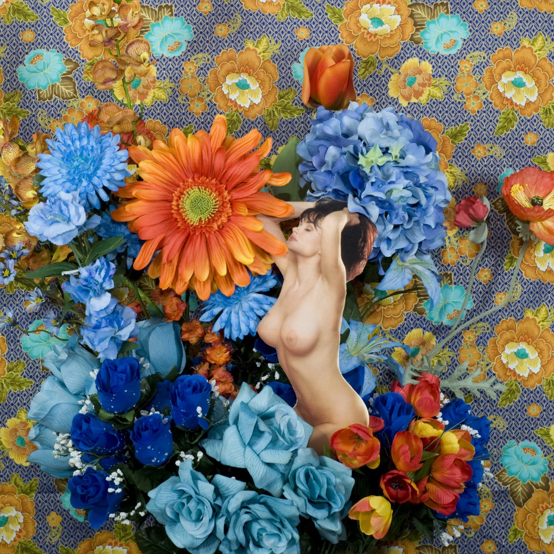 orange blue faux flowers with playboy image cutout art still life photography