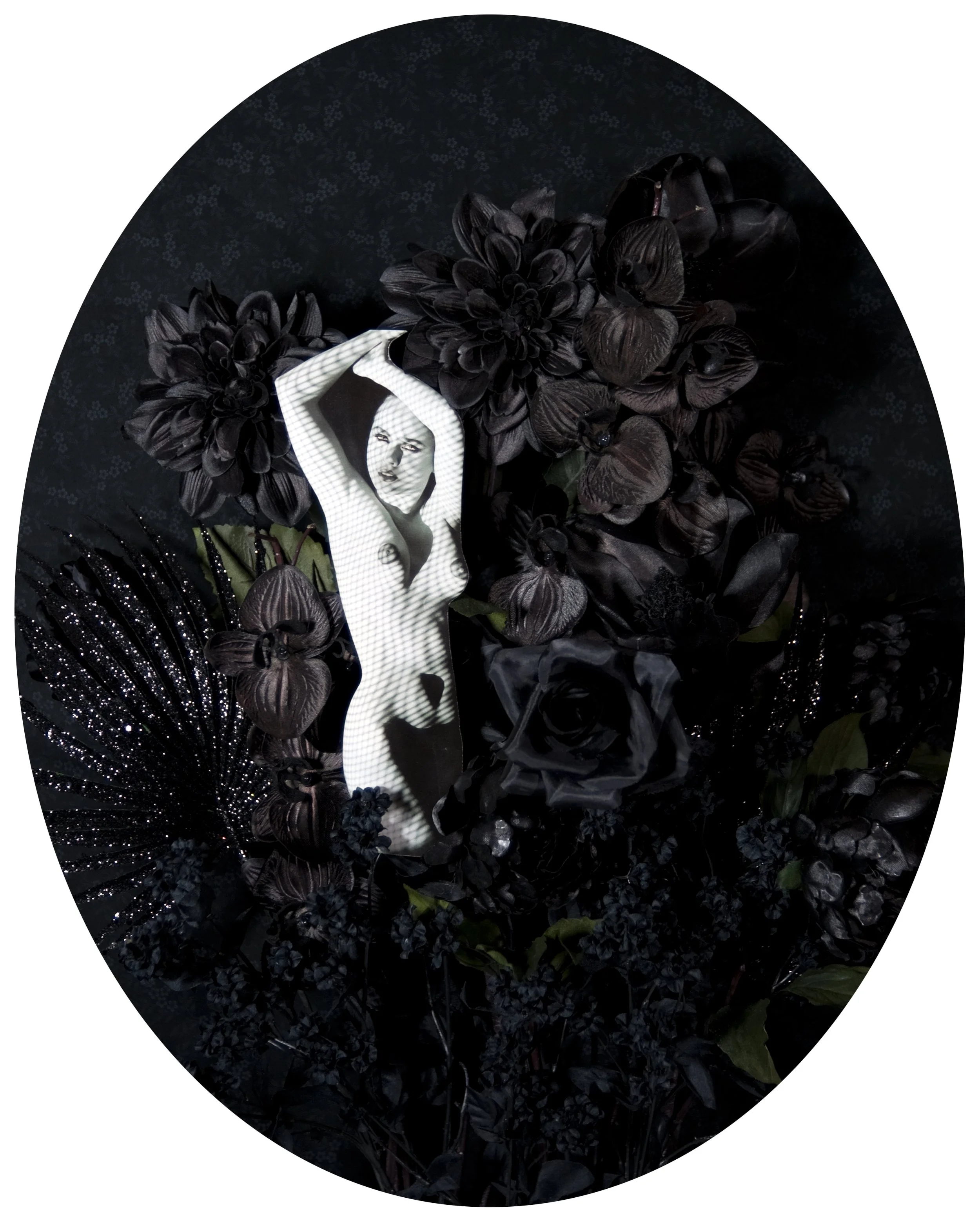 black bouquet of faux flowers with playboy image cutout art photography