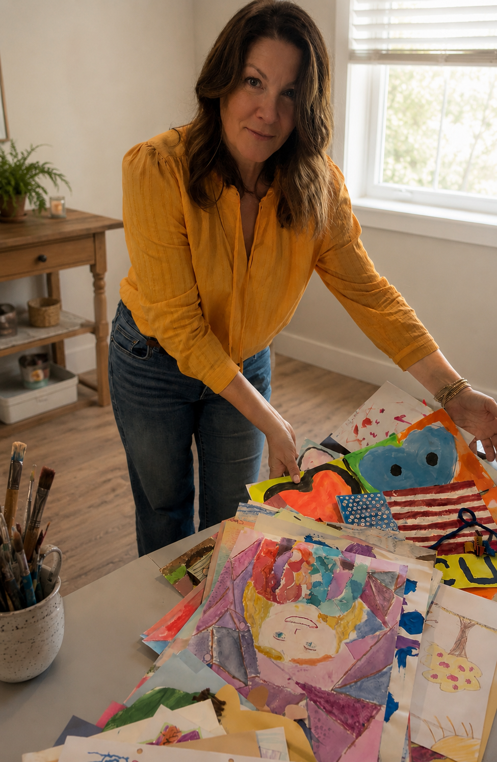 A woman in an orange shirt and jeans is organizing colorful children's artwork on a table in a bright room with a large window.