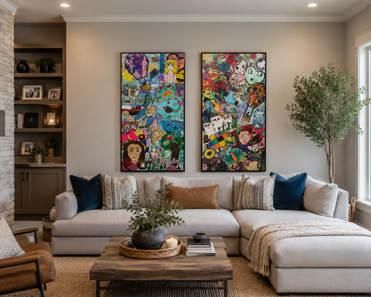 Living room with a beige sectional sofa decorated with various patterned pillows, a wooden coffee table with a black vase, candle, and books, two large colorful abstract paintings on the wall, a tall potted plant in the corner, and a built-in shelf with picture frames and plants.