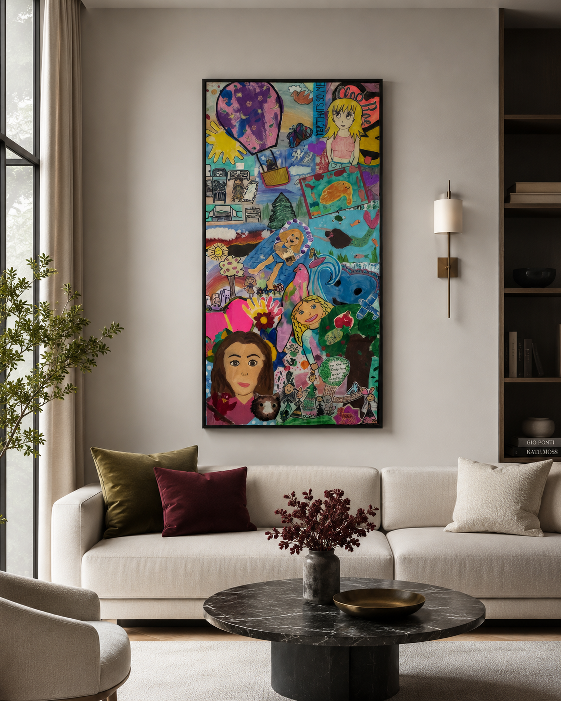 Colorful collage of children's drawings hanging on a white wall in a living room with modern decor, beige sofa, and a black marble coffee table.