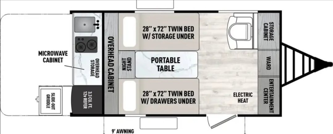 Floor plan of a small camper trailer showing two twin beds with storage, a portable table, an overhead cabinet, microwave, sink, stove, refrigerator, storage cabinet, wardrobe, entertainment center, electric heat, and an awning outside.